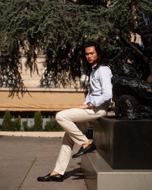 Light Blue Shirt with Cream Linen Trousers