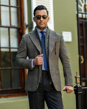 Plaid Wool Blazer with Quilted Vest and Blue Tie