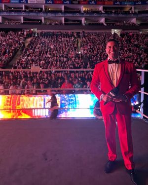Red Suit with White Dress Shirt and Black Bow Tie