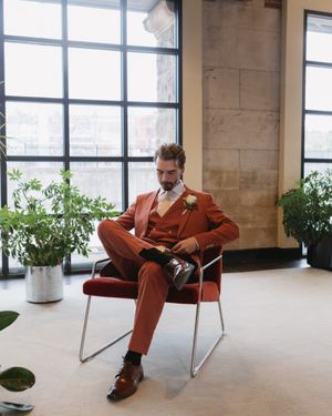 Rust Three-Piece Suit with White Shirt and Tan Tie